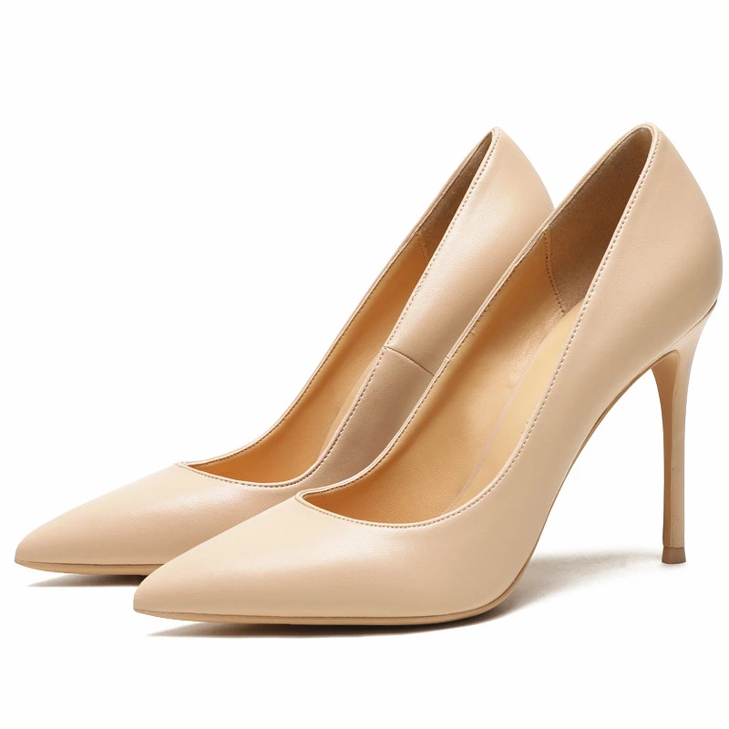 KATELVADI 10CM High Heels Shoes Women Pumps Beige Split Leather Woman Shoes Sexy Pointed Toe Wedding Party Shoes K-358