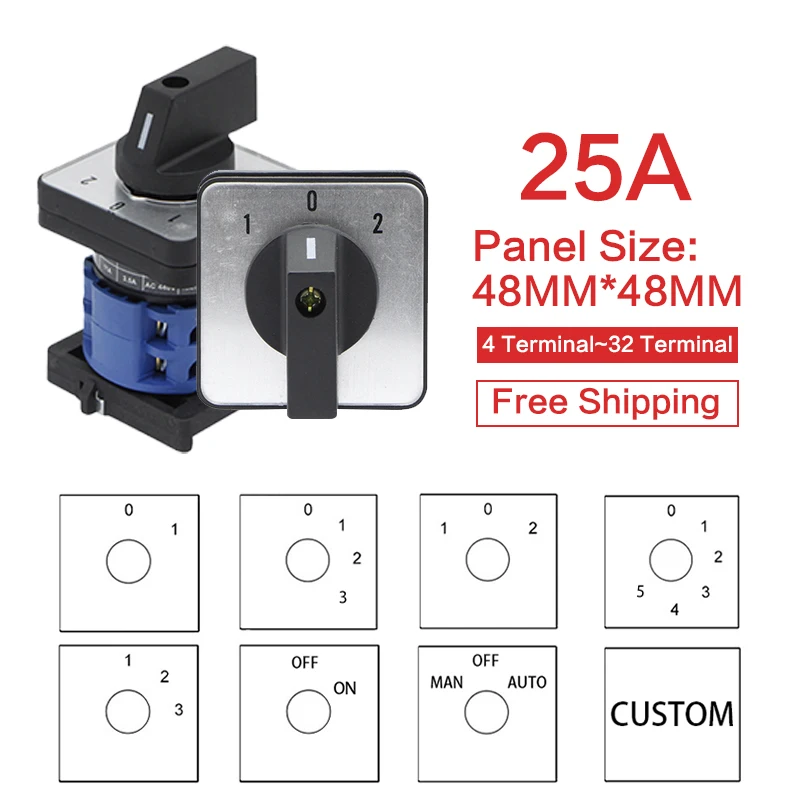 YMW26-25 Cam Switch ON-OFF 2/3/4/5/6/7/8 Positions 25A DIY Rotary Changeover 4/8/32/48 Terminals Screws Silver Contact LW26 LW28