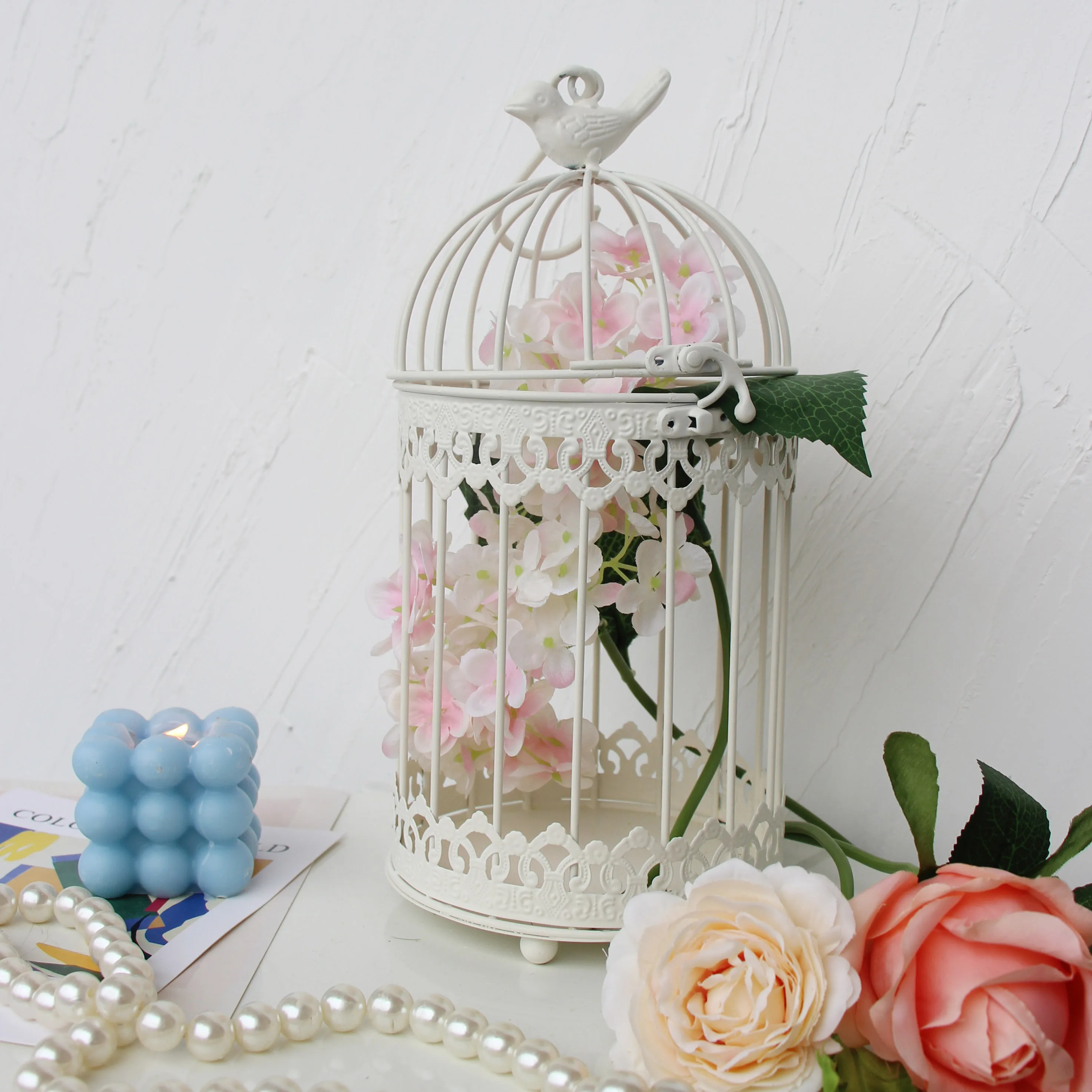 middle Outdoor iron garden wrought metal birdcage white bird cage with Bird hook decoration hanging flowerpot succulent plants