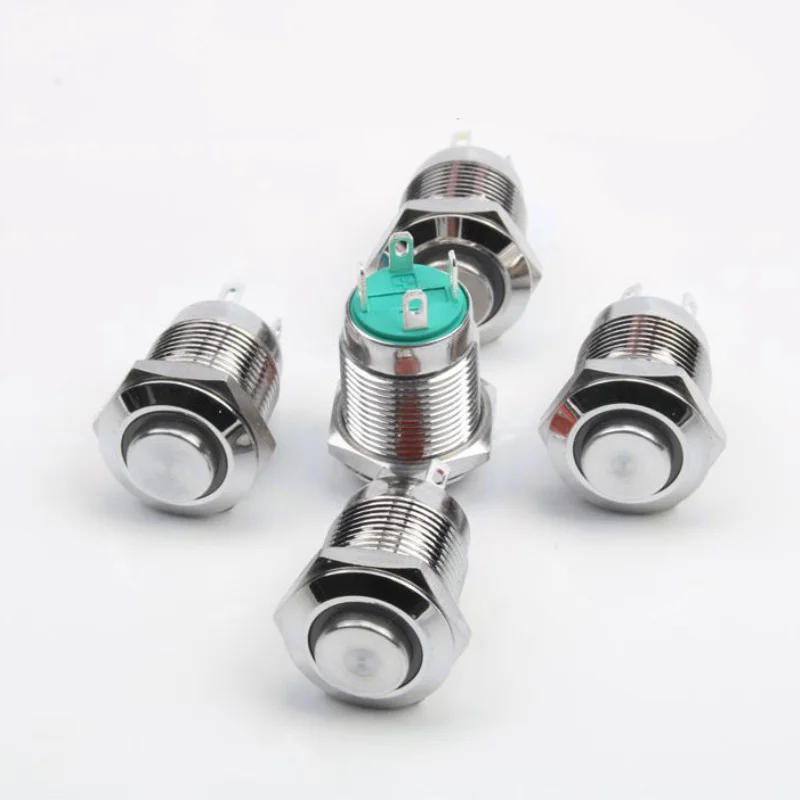 1pc 12mm metal brass push button switches ring illumination high round switch flat shape Self-locking Latching 1NO pin terminal