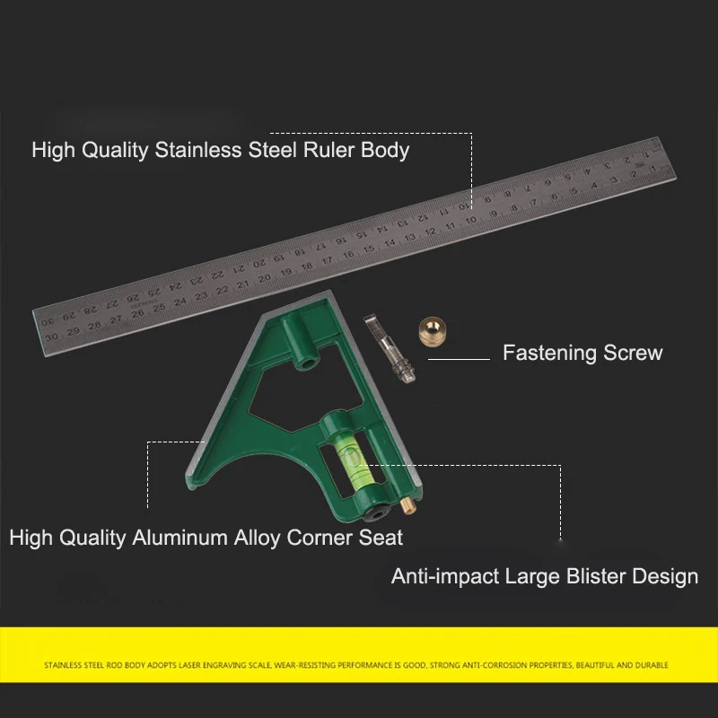 300mm Adjustable Combination Square Angle Ruler 45 / 90 Degree  Multi-functional Gauge  Crutch Ruler Measuring Tools