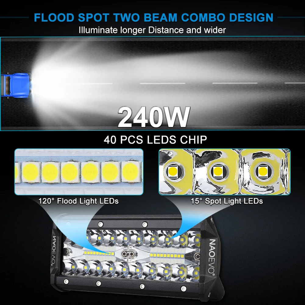 NAOEVO 오프로드 LED 바 라이트 콤보 빔 LED 작업 램프, 니바 라다 4x4 트럭 ATV 액세서리, 운전 안개, 7 인치, 240W, 12V, 24V