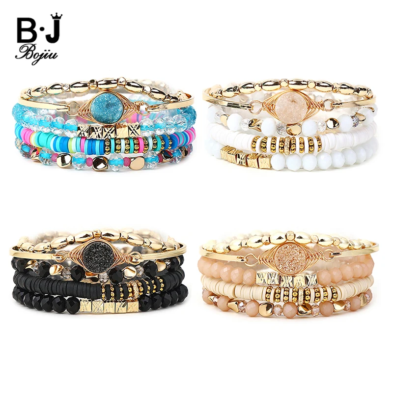 5 Pcs/set New Fashion Women's Bracelets & Bangles Faceted Crystal Round Polymer Clay Natural Druzy Stone Beads Bracelet BCSET328