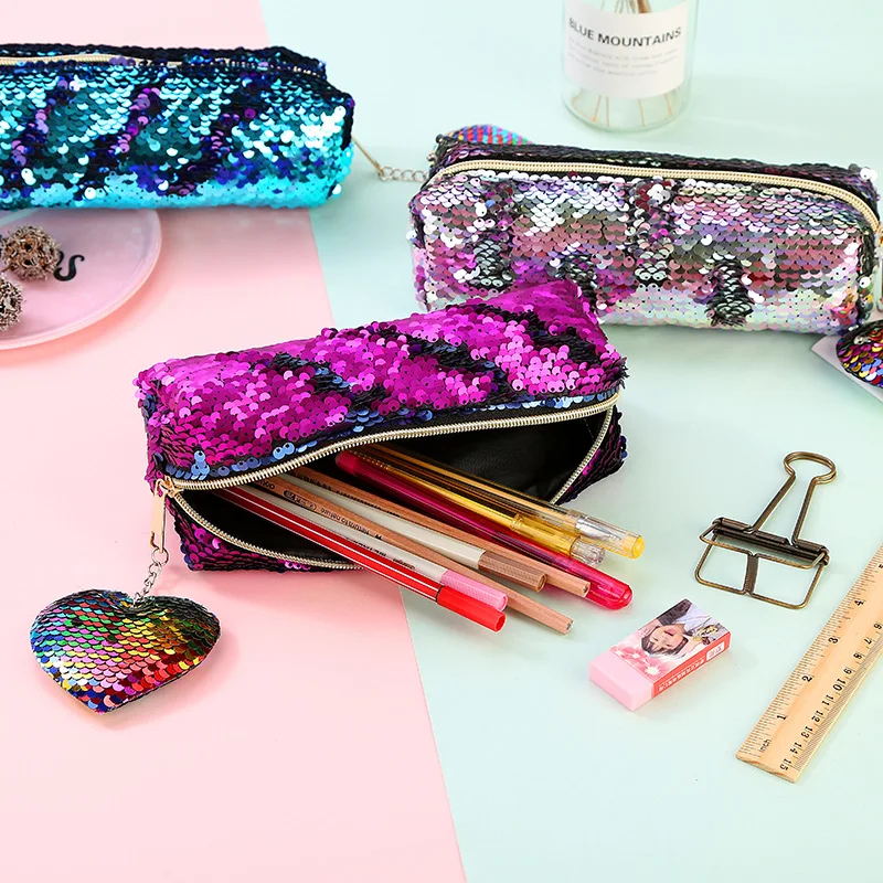 Sequin School Pencil Case for Girls Boys Penal Cute Love Pencilcase Cosmetic Pen Box Big Cartridge Box Stationery Kit Supplies