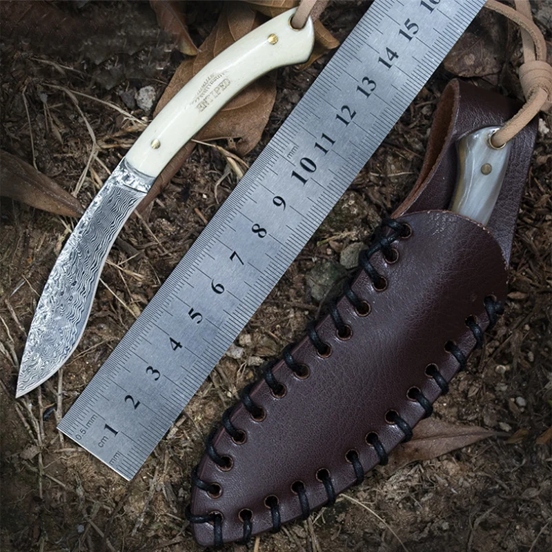 Damascus knife high hardness gold silk horn collection knife field survival straight knife outdoor tools