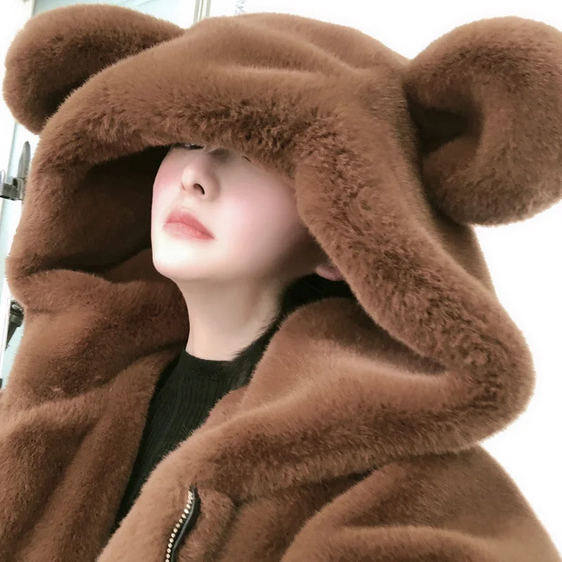 Winter Kawaii Lolita Faux Fur Jackets Women Fashion Bear Head Style Coats Women Elegant Solid Female Ladies Cute Rabbit Fur Coat