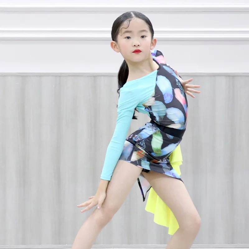 Latina Dance Dress For Girls Blue Performance Costume Designer Clothes Long Sleeve Salsa Dance Outfit Samba Dance Wear DL7673