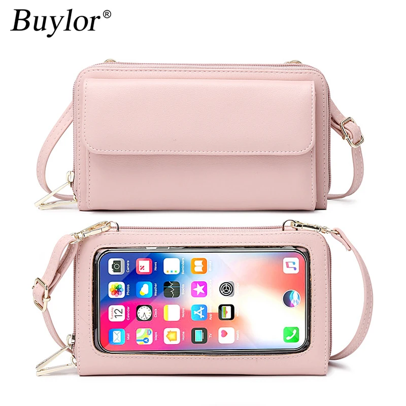 Buylor New Touch Screen Phone Women\'s Bag PU Leather Crossbody Shoulder Strap Handbag for Women FID Anti-theft Brush Long Wallet