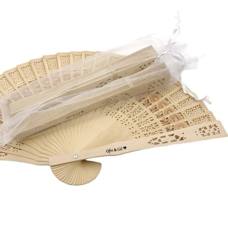 

40/60PCS Customized Sandalwood Wedding Fan Hand Held Wood Fans with Sunflower Pattern in Yarn Bag Party Decoration Favors