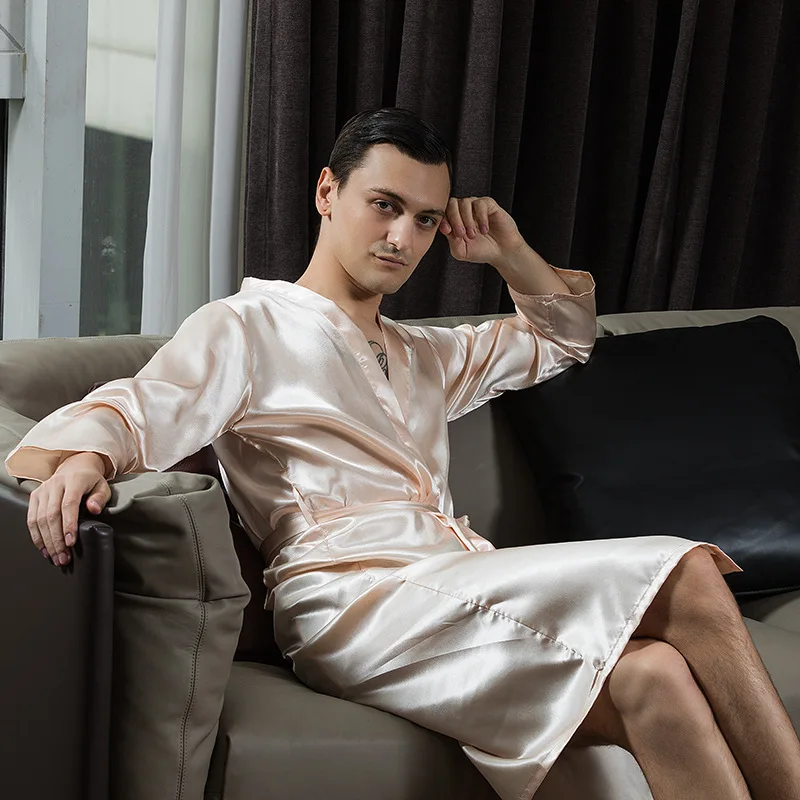 Men&#39;s Nightgown Summer Long Embroidered Simulated Silk Nightgown Men&#39;s Groom Best Man&#39;s Morning Gown Sexy Nightgown