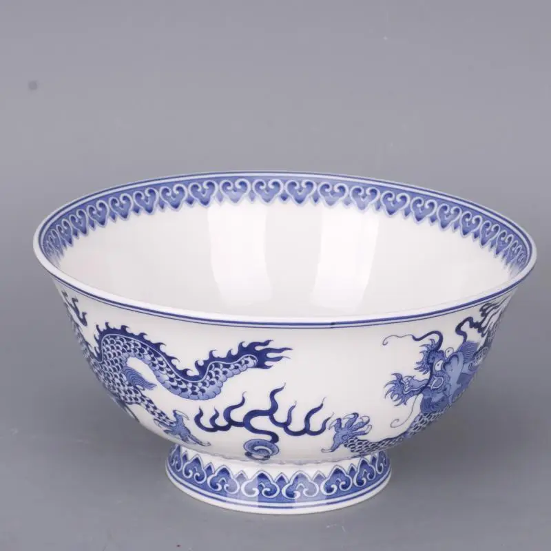 6.1 inch Chinese Style Blue and White Porcelain Two Dragons Design Bowl Crafts Home Decoration Ornaments