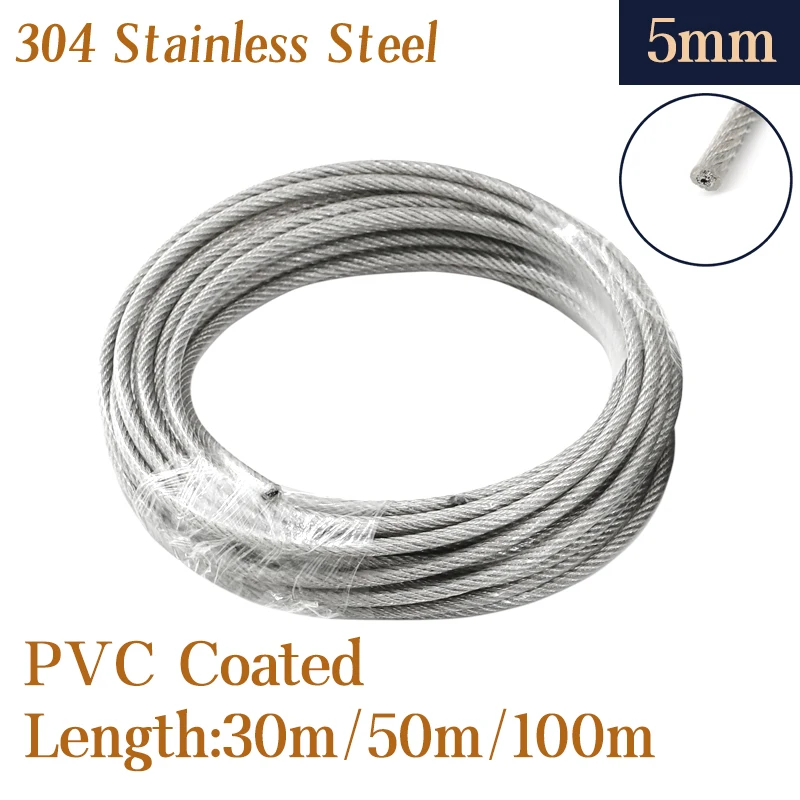 304 Stainless Steel PVC Coated Flexible Wire Rope soft Cable 30m/50m/100m Transparent Stainless Steel Clothesline Diameter 5mm