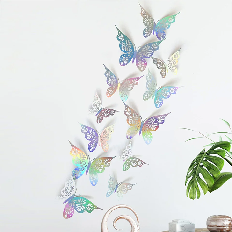 12Pcs 3D Wall Stickers Hollow Rose Gold/Golden/Silver Butterfly Wall Stickers DIY Art Home Decor Wall Decals Party Wedding Decor