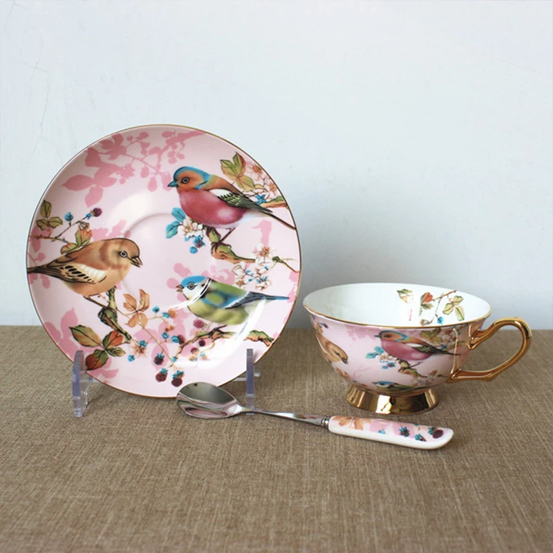 Wourmth European Bone China Coffee Cup Set Pink Bird Creative Ceramic Phnom Penh Afternoon Tea Cup & Saucer With Spoon Nice Gift