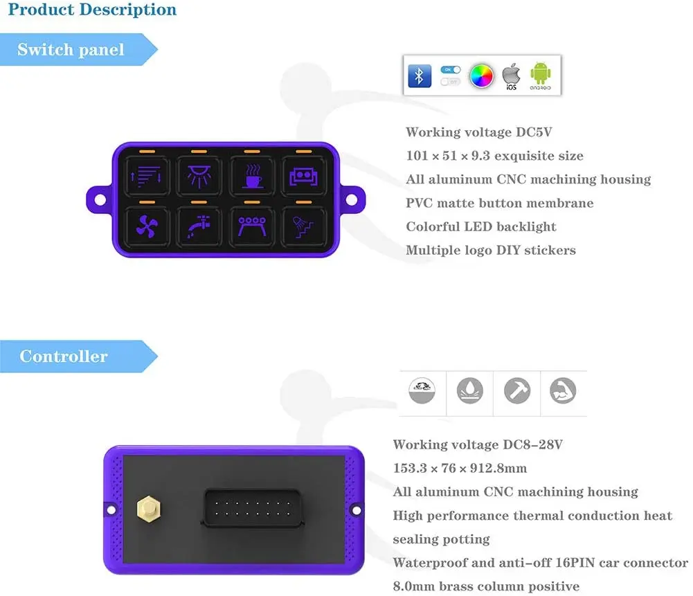 8 Gang Schalter Panel Controller mit Bluetooth und Circuit Control Box Wasserdicht Sicherung Relais Box Kabelbaum Label Aufkleber
