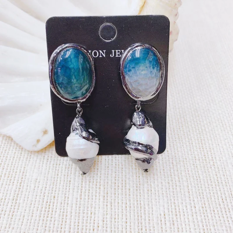 

Fashion Trendy Natural Pearl Conch Elegant Woman Earring Agate Stud Dangle Earring 3Pairs Gun Black