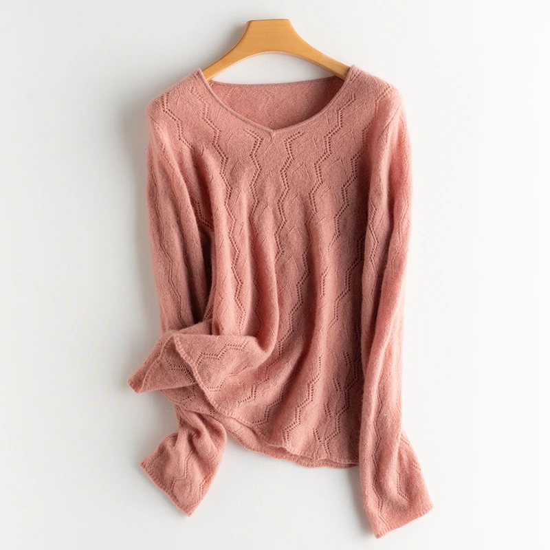 Jersey de punto calado con cuello en V para mujer, suéter de cachemira Sexy, Tops sueltos de manga larga, nueva moda, 100%