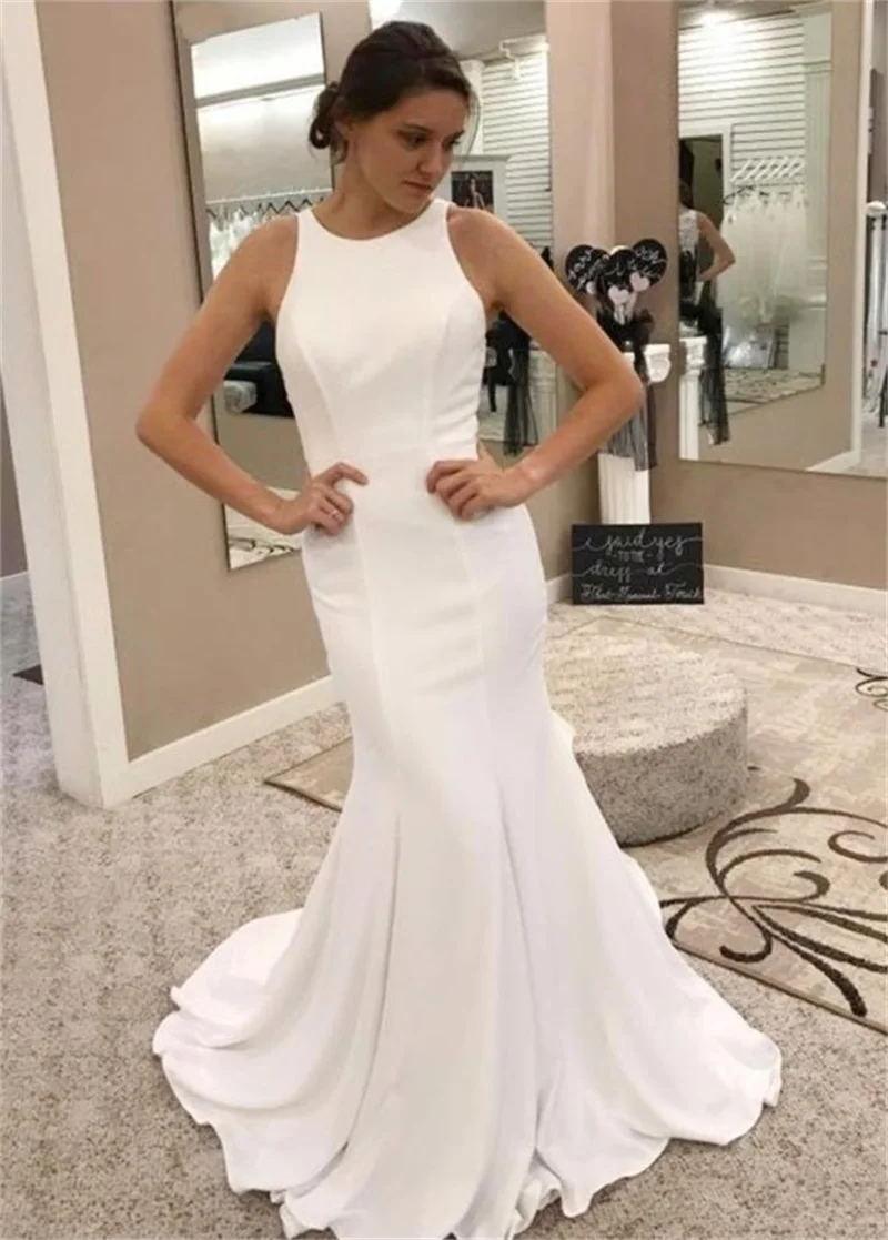 2020 Simple Zipper Wedding Dresses O-Neck Sleeveless Button Bridal Gowns robe de mariee Mermaid Bride Dresses vestido de novia