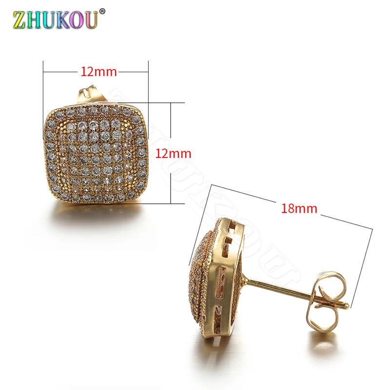 ZHUKOU A pair of 12x18mm Square Geometric Stud Earrings Sparkling Earings Fashion Jewelry for Women Brass Stud Earrings VE43