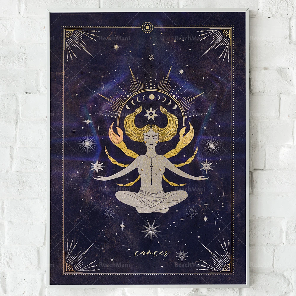 طباعة زودياك، رونية النجمة والقمر، ديكور سماوي، ملصق طباعة قماشي لتزيين السحر