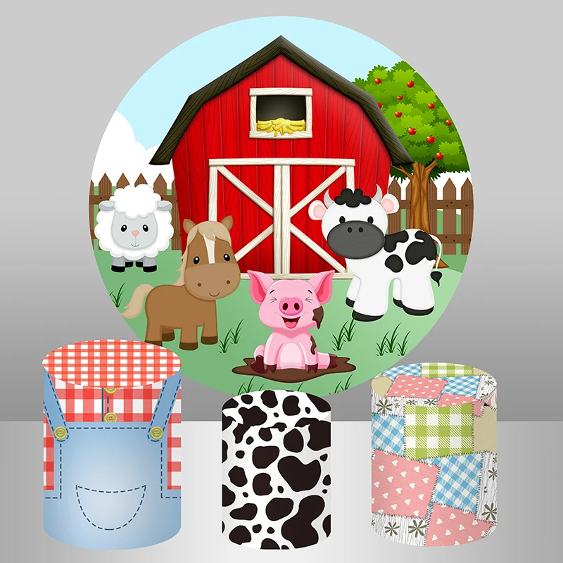 Baby Shower First Birthday Party Photo Background Cartoon Animals Cow Red Farm Circle Round Backdrop Banner Cylinder Covers