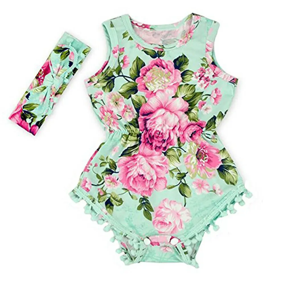 Baby Girl Bodysuit Sleeveless Floral Tassels Summer Clothes Newborn Infant Baby Girl Bodysuit Jumpsuit One Piece Sunsuit