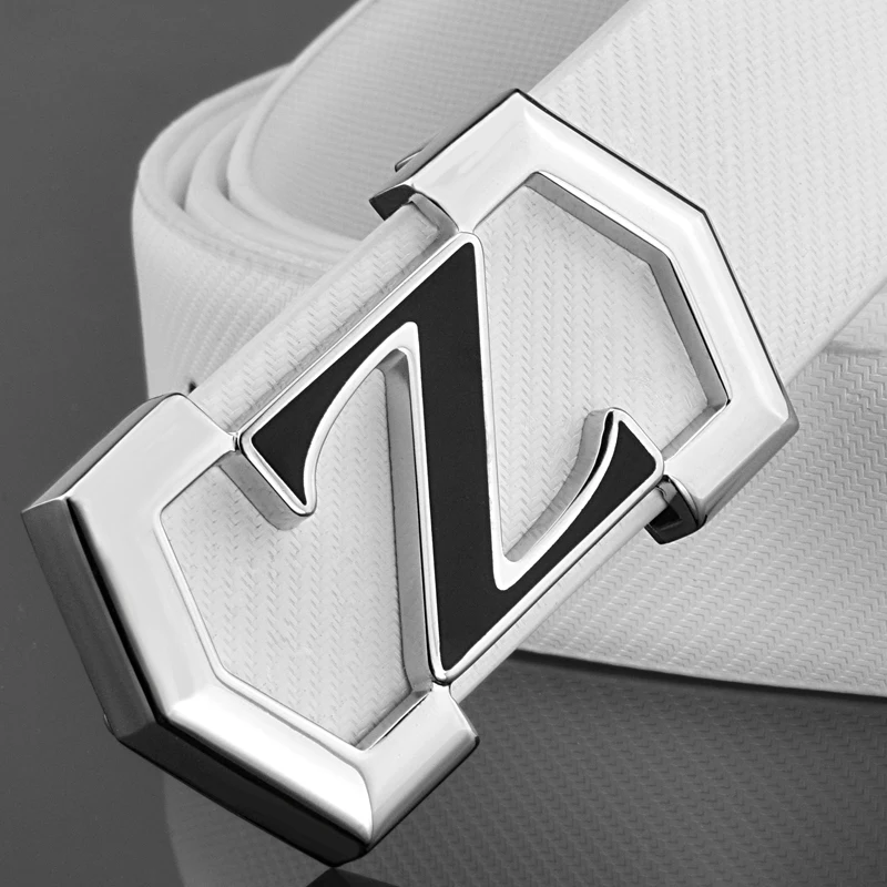 

High Quality new fashion Designer Z letter genuine leather white belt men exquisite solid buckle casual personality student belt