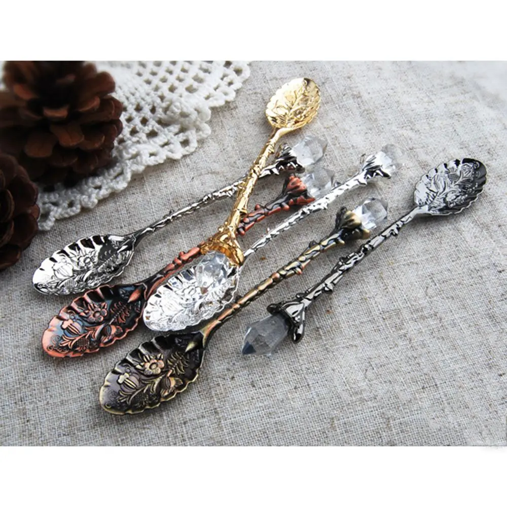 1pc Alloy Vintage Carved Flower Crystal Coffee Teaspoon Ice Cream Afternoon Tea Sugar Cake Dessert Spoon For Little Gift Souveni