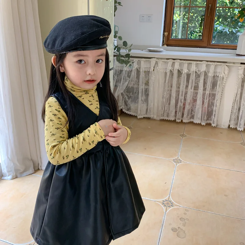 Fashion Baby Girl Leather Dress Ruffle Sleeveless Toddler Girl Vest Dress PU Winter Spring Fall Kid Suspender Clothes 1-8Y