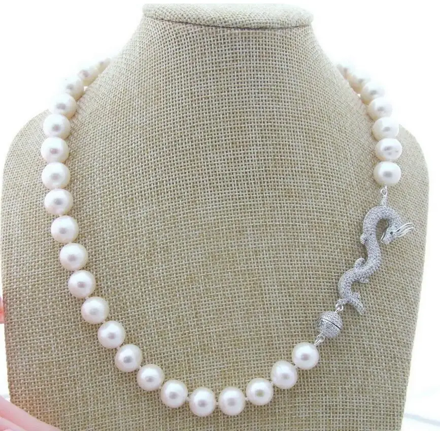 

Free shipping NEW Fancy Design Natural freshwater pearls 20" White 9-10MM Pearl Necklace CZ Dragon Clasp