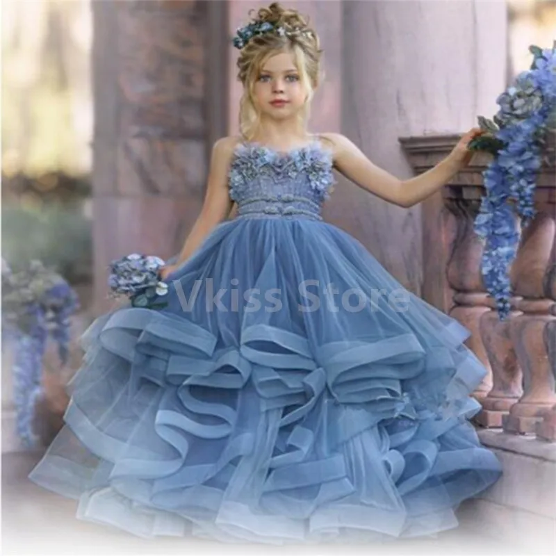 Blauw Vintage Meisje Jurken Grond Plooien Kostuum Prom Meisjes Kinderen Bloem Prinses Bloemblaadje Jurk Party Bruiloft Kleding 2022 Nieuwe