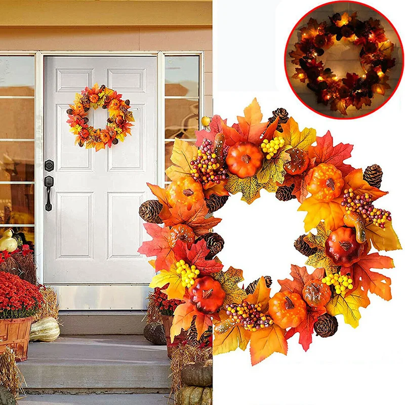 

Autumn Door Wreath Artificial Halloween Party Decoration Pumpkin Berries Pine Cone Maple Manmade Garland Cloth Rattan Ornament