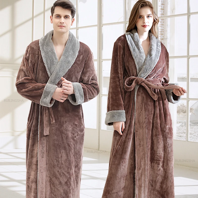 Women Extra Long Thermal Flannel Fur Bathrobe Plus Size Winter Warm Pregnant Bath Robe Zipper Hooded Dressing Gown Men Sleepwear