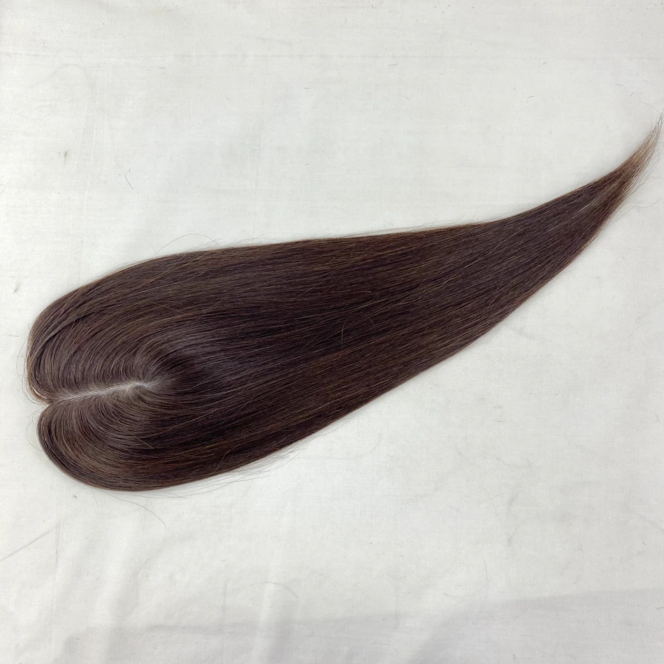 Injected Silk Base Human Hair Topper For White Women Dark Brown Color Straight Style Clip On Wigs For Thinning Hair And Baldnes