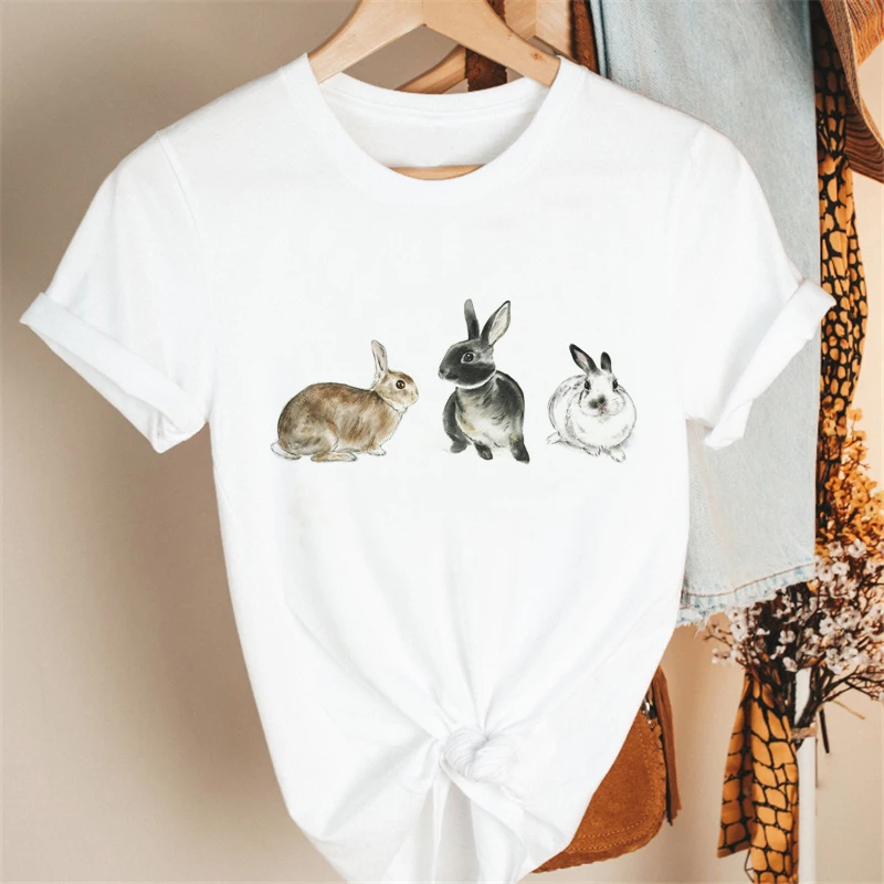 Cartoon Konijn Grafische T-shirt Vrouwen Bloem Korte Mouw Zomer Mode Print Vrouwelijke Kleding Tops Tees T-shirt Dropshipping Shirt