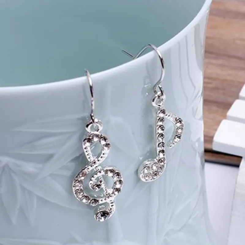 Fashion Romantic Elegent Drop Alloy Earrings Rhinestone Asymmetriy Musical Note Silver Color Earrings Women\'s Jewelry