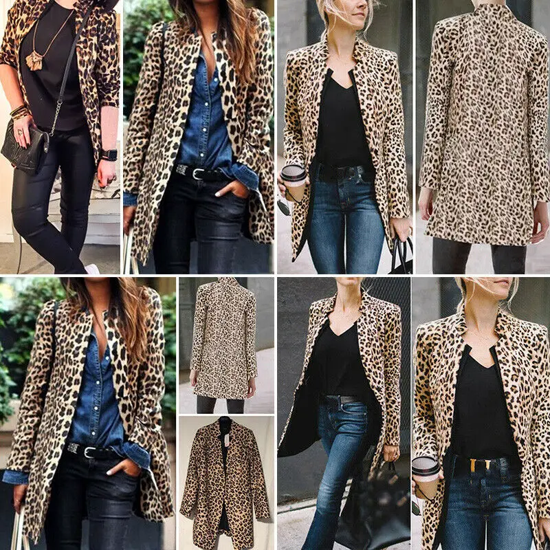 Women Leopard Cardigan Jacket Sweater Top Warm Casual Winter Long Sleeve Coat