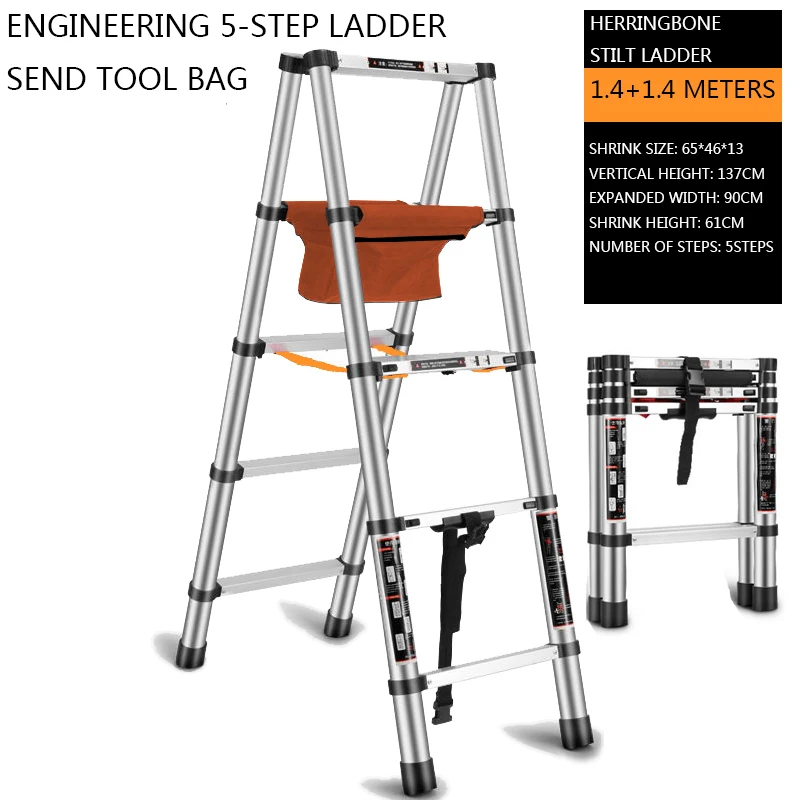 5-step Ladder Herringbone Portable Folding Engineering Ladder  1.4M+1.4M Thickened Aluminum Alloy Telescopic Ladder Lightweight