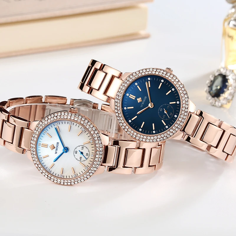 WWOOR Ladies Watches Top Brand Luxury Diamond Rose Gold  Bracelet Watches For Women Stainless Steel Blue Dial Quartz Wrist Watch