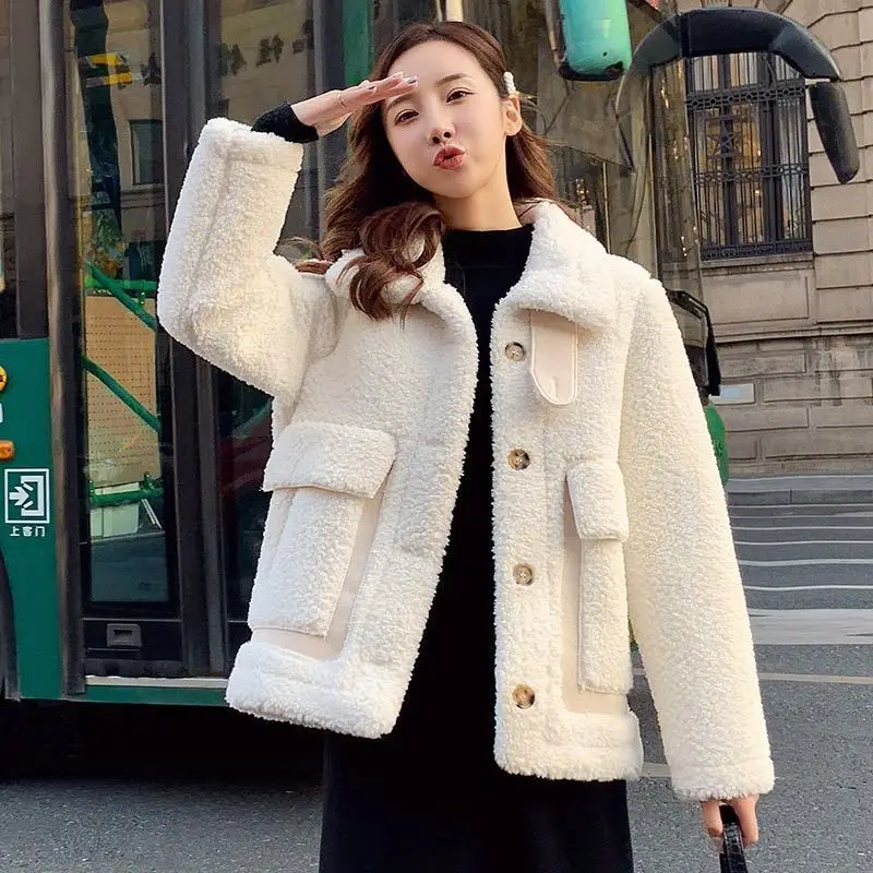 дубленка женская Korean Fashion Thick Wool Jacket 2024 Warm Women\'s Winter Sheepskin Coat One Piece Fur Coats All-Match Traf