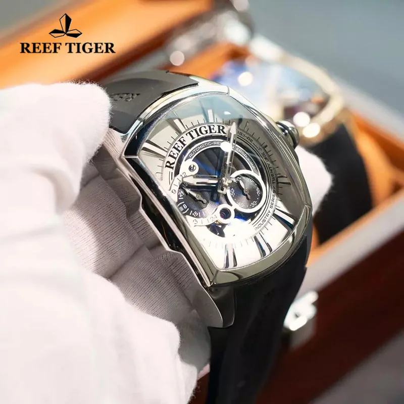 Reef Tiger/RT 2021 New Arrival Luxury Sport Mens Watch White Dial Black Rubber Strap Waterproof Automatic Mechanical Watch