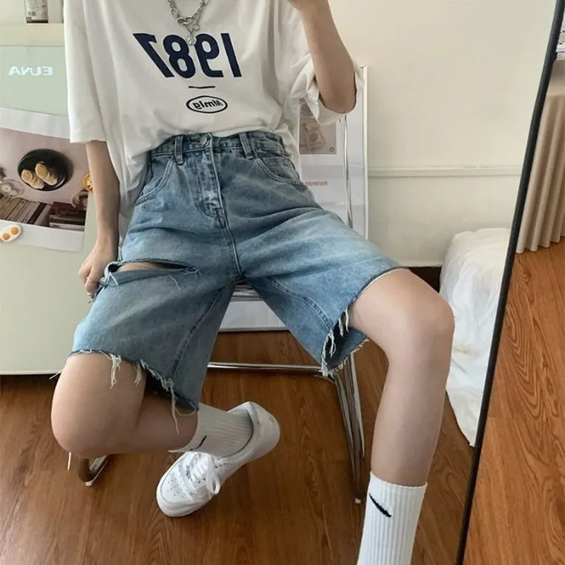 Shorts Women Retro Denim Holes Design Chic Harajuku Couple Short Trouser Casual Popular High Street Korean Ladies Clothes Unisex