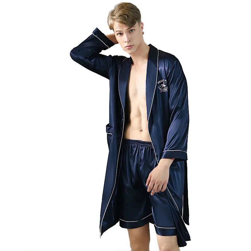 Silk Pajamas Summer Men\'s Shorts Solid Satin Long Sleeve Kimono Robe and Long Pants Homewear Clothes Set Two-Pieces Pajamas