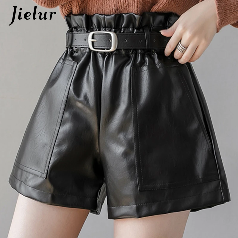 

Jielur PU Autumn Winter Women Shorts Slim High Waist Solid Color Shorts Womens Chic Korean Belt Leather Short Trousers S-XL