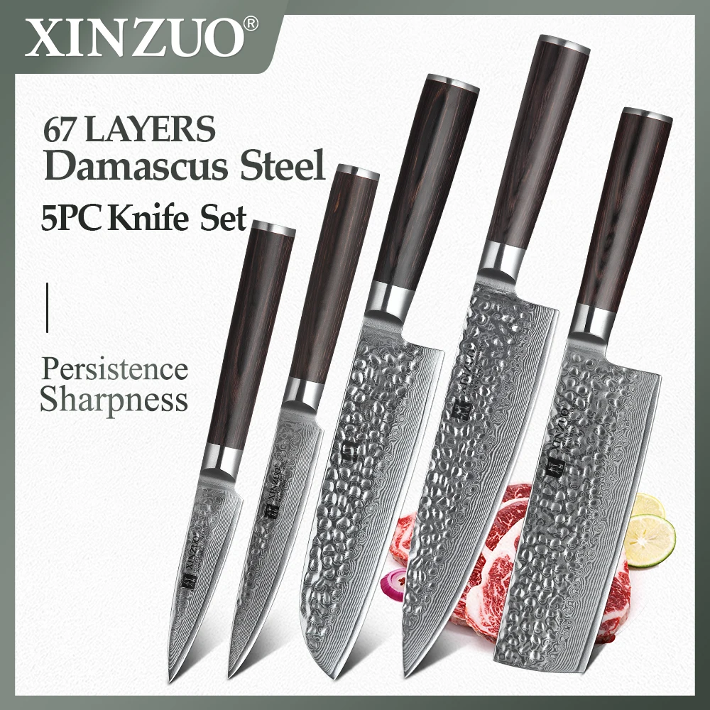 XINZUO 5PCS Kitchen Knife Set Damascus Steel Chef Knife Set Stainless Steel Utility Knife Pakkawood Handle Cutlery Slicer