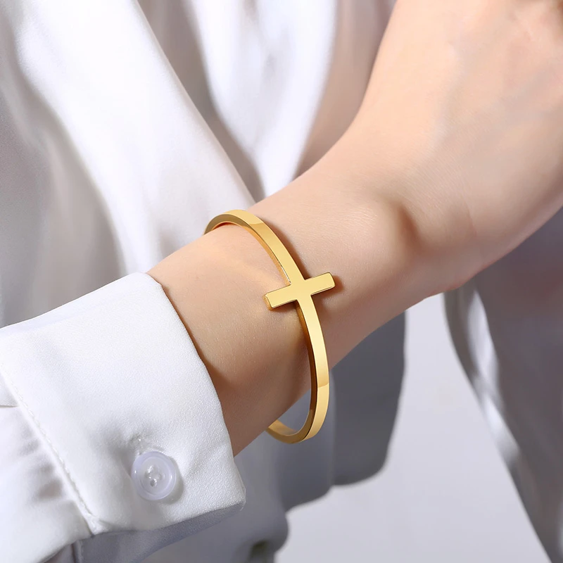 

Stainless Steel Cross Cuff Bracelet Open Sideways Cross Bangle For Men Women Minimalistic Gift