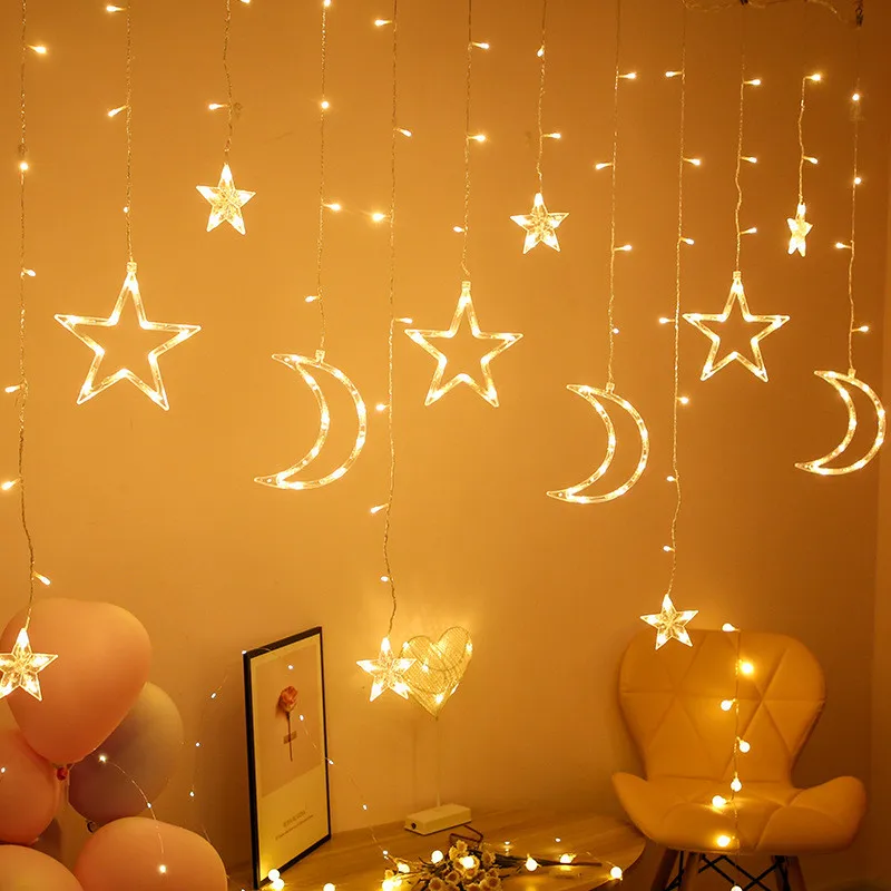 LEDs Twinkle Moon Star Curtain Lamp 220V EU Plug Christmas Fairy Garlands String  Light For Room Lighting Wedding Decorative