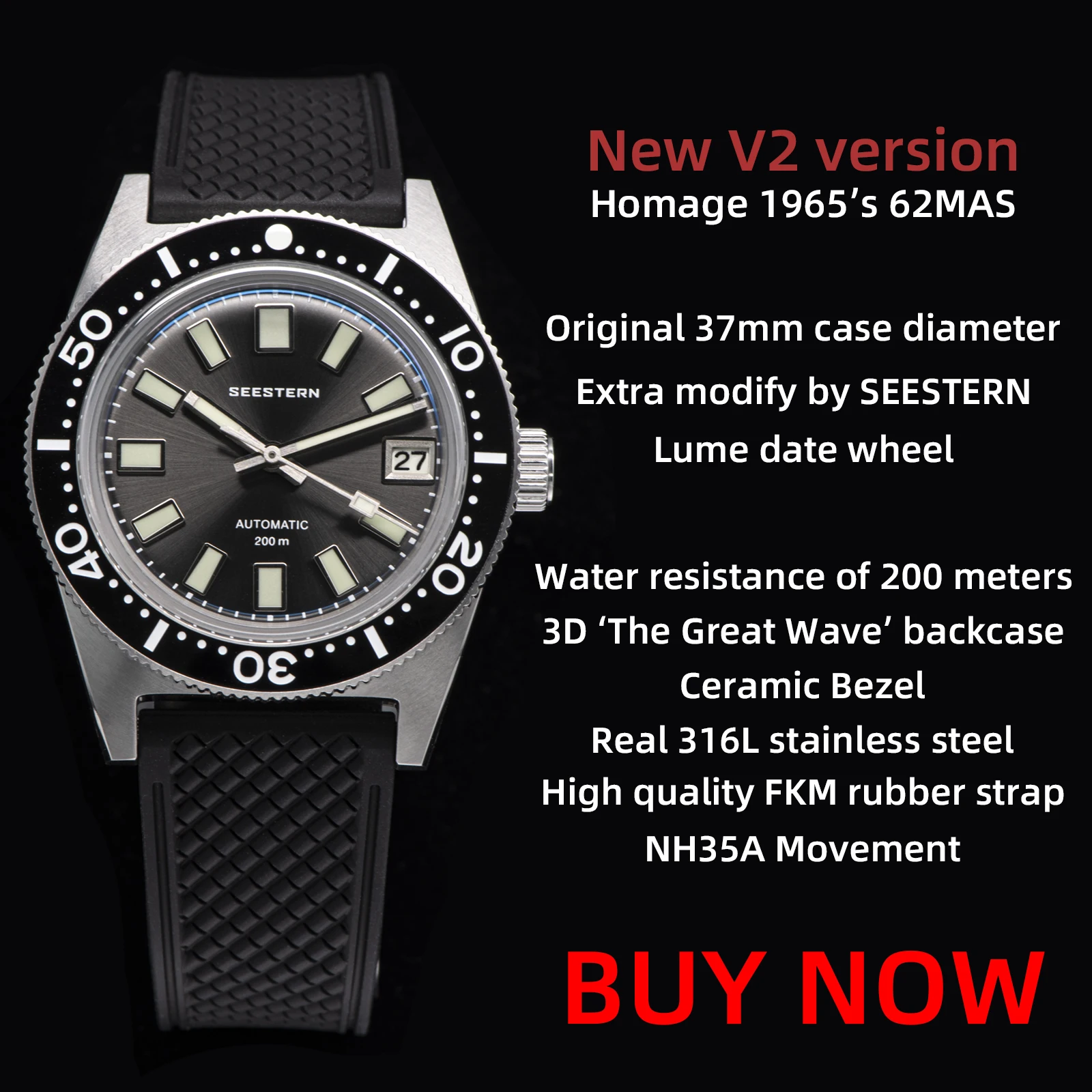 SEESTERN 62MAS Diver\'s Watch Original 37mm Case Diameter Nh35 Automatic Mechanical Wristwatch Waterproof Luminous Wheel Retro Pr