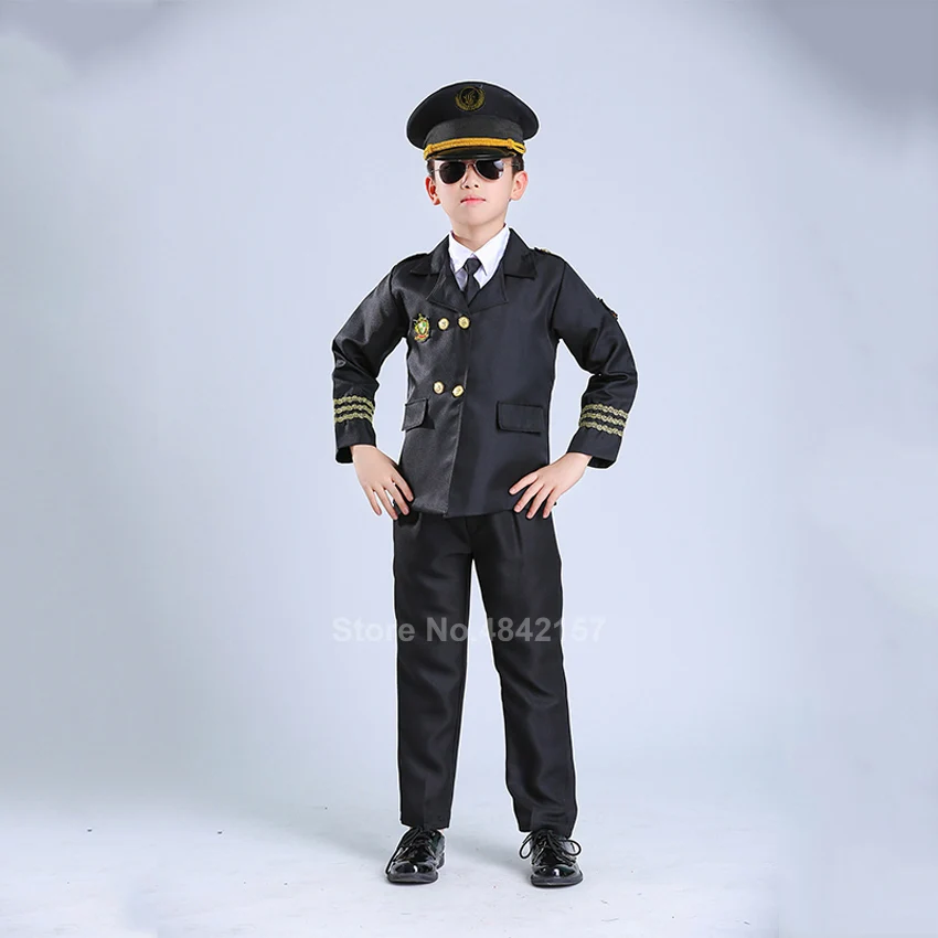 Flight Attendant Kids Girls Uniform Captain Carnival Party Costumes Airplane Aircraft Stewardess Boys Pilot Fancy Performance