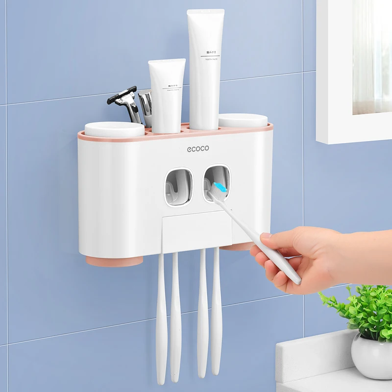 Bathroom Punch-Free Wall-Mounted Brush Holder Set Toothpaste Squeezing Device Bathroom Mouthwash Cup Toothpaste Toothbrush Rack